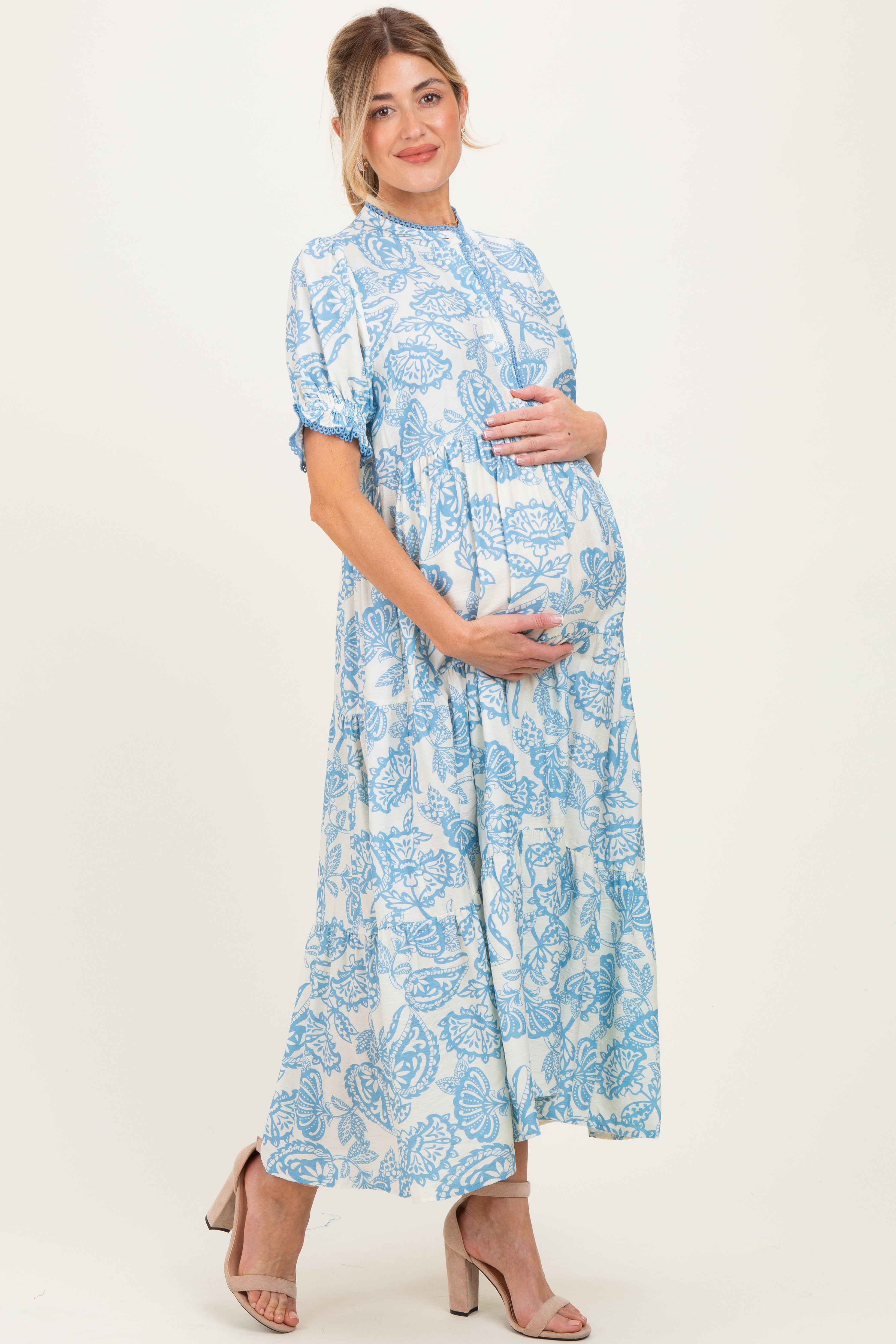 lunama mesh midi dress in tonal blue paisley Light Blue Paisley Print Tiered Maternity Midi Dress