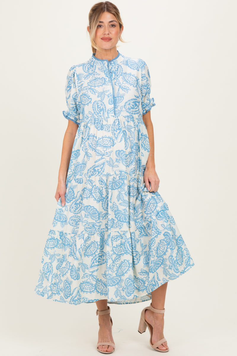 lunama mesh midi dress in tonal blue paisley Light Blue Paisley Print Tiered Maternity Midi Dress