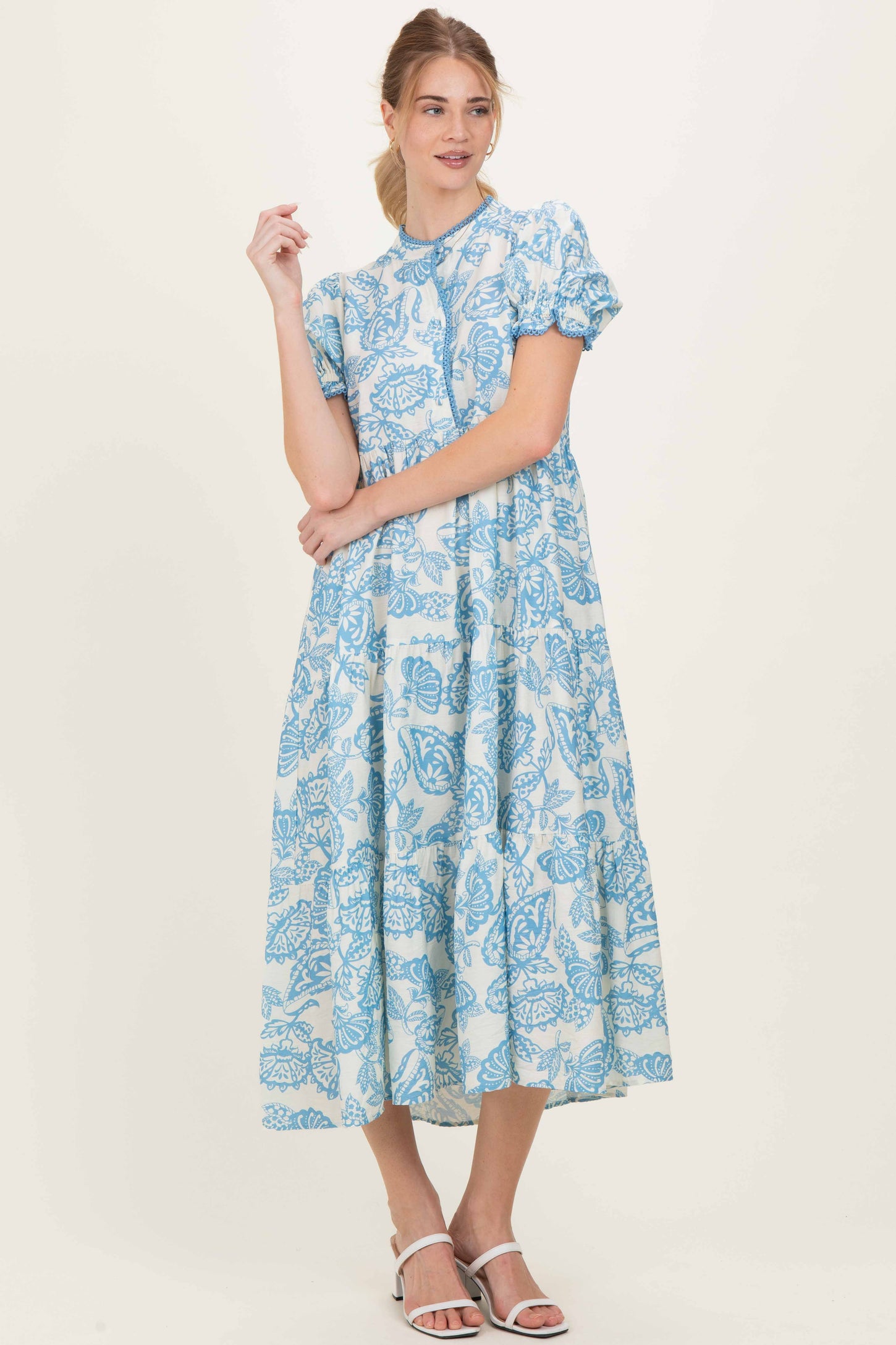 blue tween dresses CurveWow Crepe Angel Sleeve Button Down Dress Blue Paisley – Curvewow main image 1