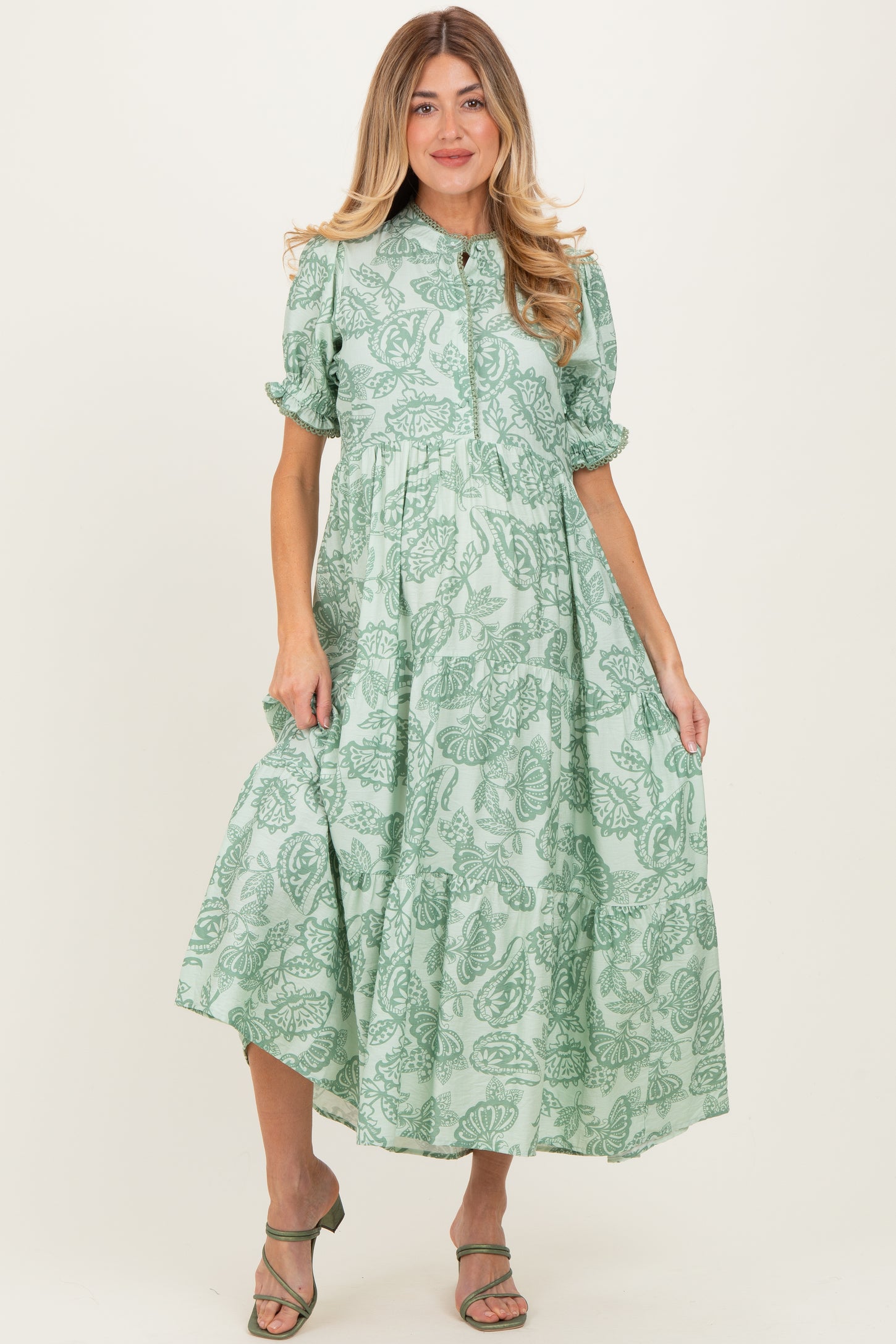 Light Sage Paisley Print Tiered Maternity Midi Dress Light Sage Paisley Print Tiered Maternity Midi Dress