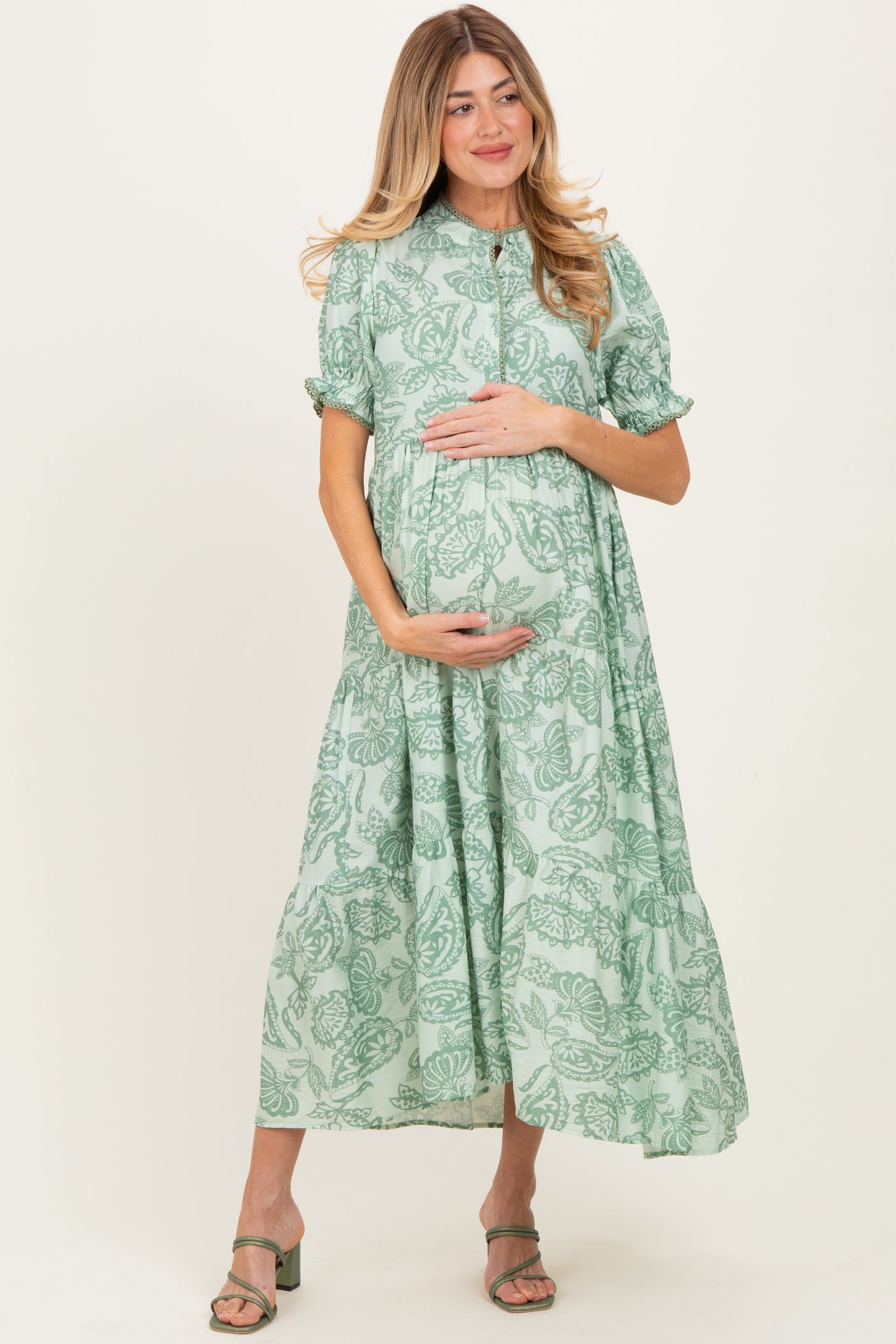 Light Sage Paisley Print Tiered Maternity Midi Dress