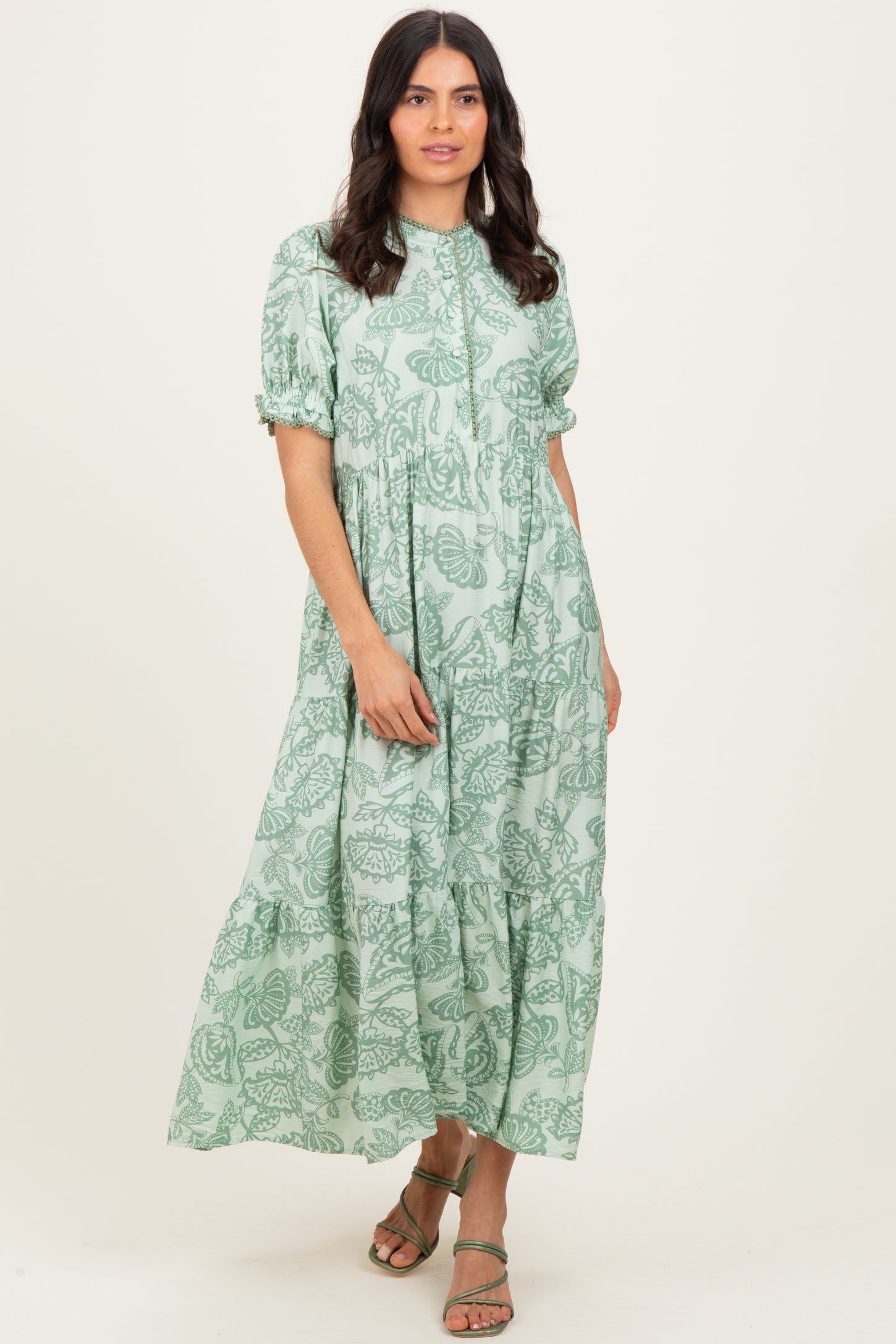 Light Sage Paisley Print Tiered Midi Dress