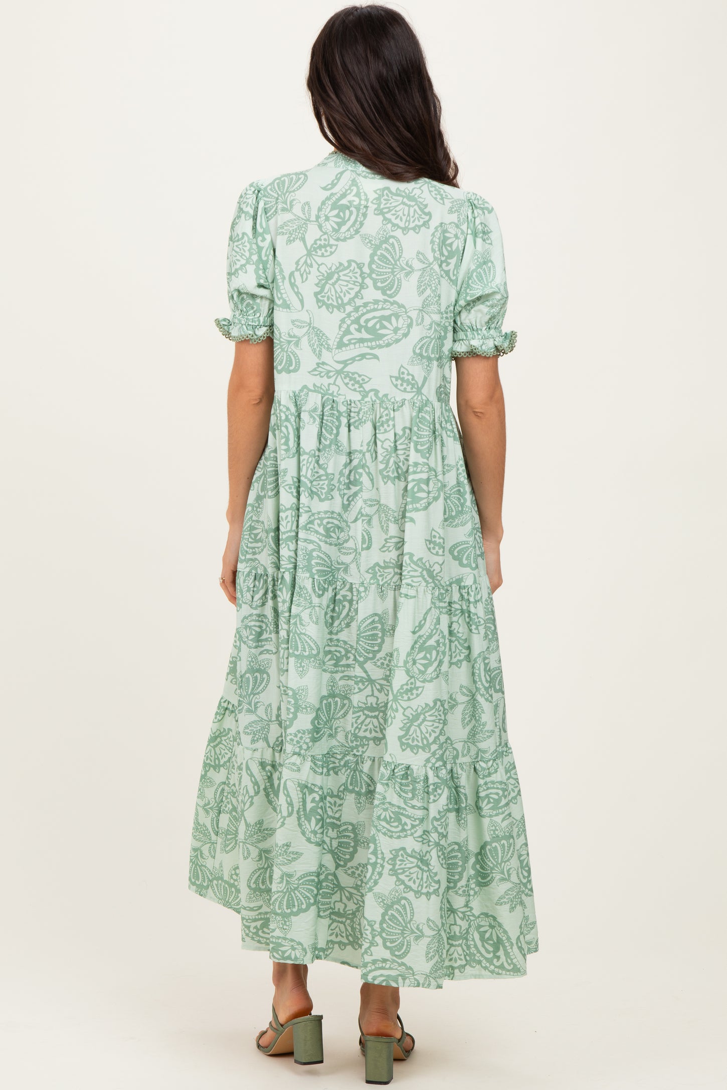 Light Sage Paisley Print Tiered Midi Dress
