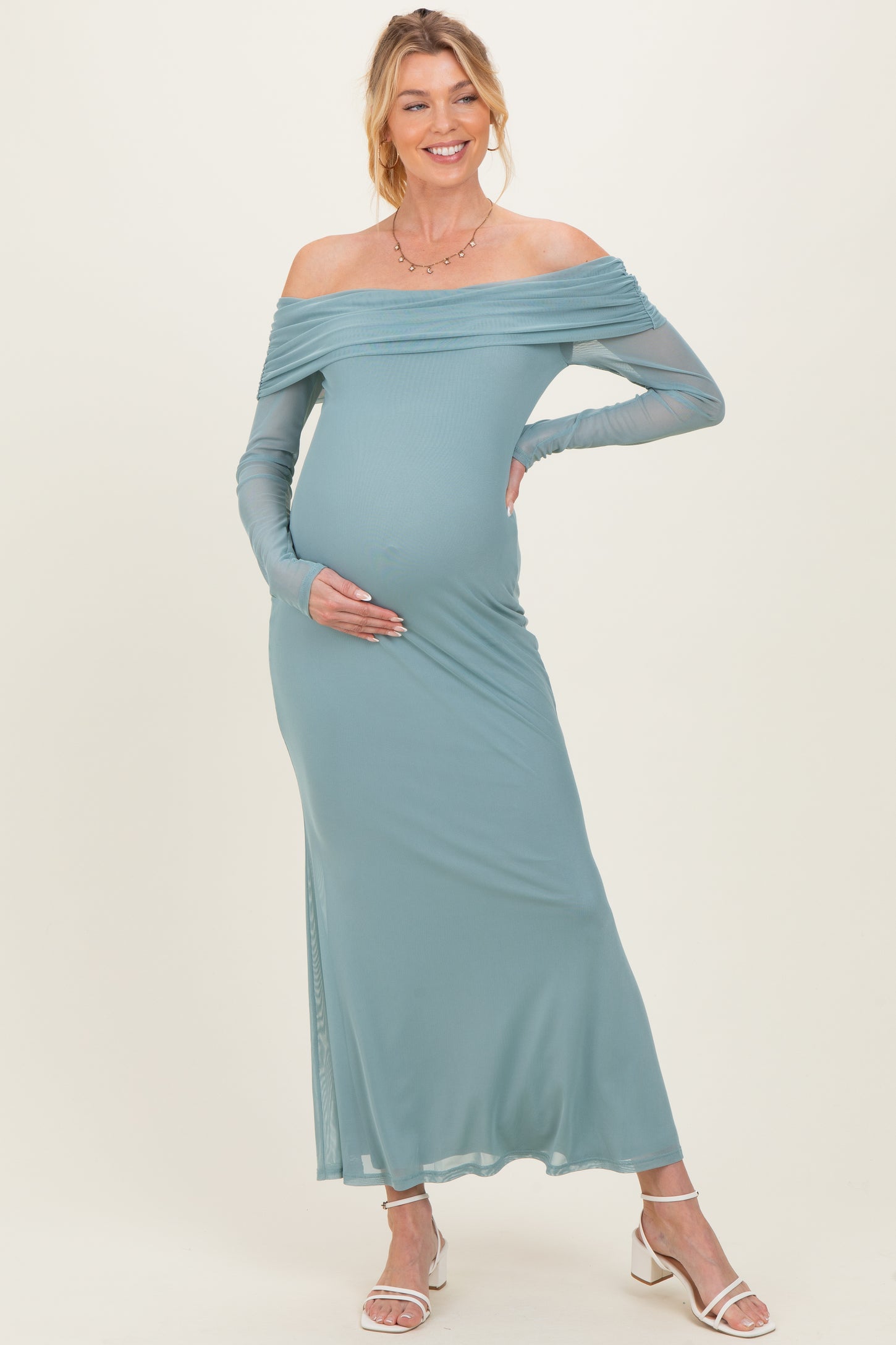 Blue Mesh Overlay Off Shoulder Long Sleeve Maternity Midi Dress