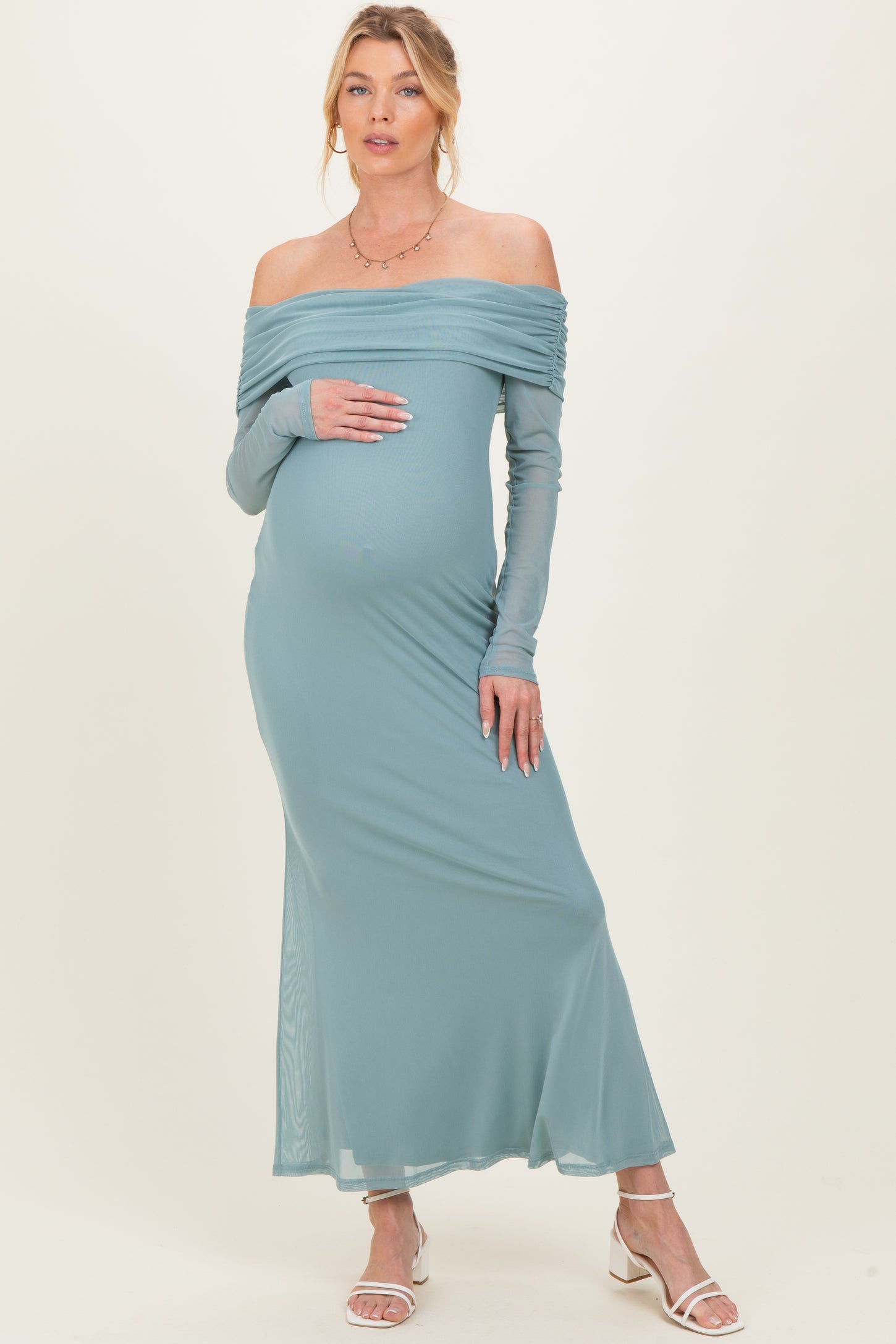 Blue Mesh Overlay Off Shoulder Long Sleeve Maternity Midi Dress