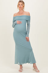 Blue Mesh Overlay Off Shoulder Long Sleeve Maternity Midi Dress