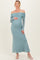 Blue Mesh Overlay Off Shoulder Long Sleeve Maternity Midi Dress