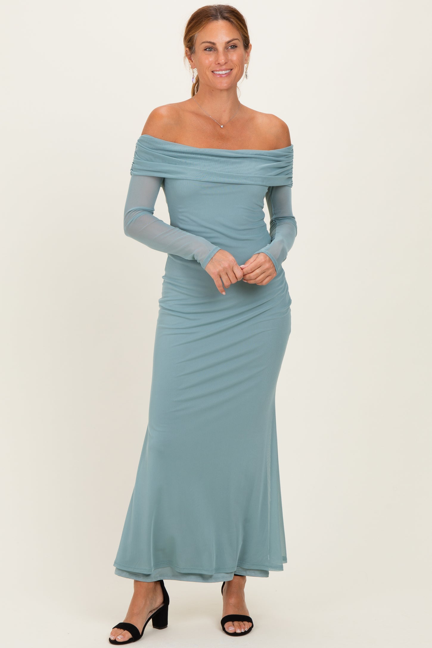 Blue Mesh Overlay Off Shoulder Long Sleeve Maternity Midi Dress