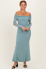 Blue Mesh Overlay Off Shoulder Long Sleeve Maternity Midi Dress