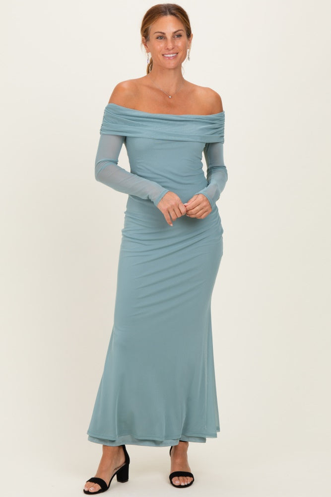 Blue Mesh Overlay Off Shoulder Long Sleeve Midi Dress