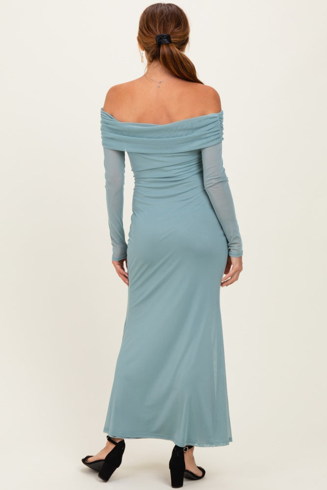 Blue Mesh Overlay Off Shoulder Long Sleeve Midi Dress