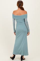 Blue Mesh Overlay Off Shoulder Long Sleeve Midi Dress