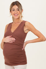 Brown Crossover Ruched Maternity Nursing Tank