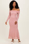 Mauve Mesh Overlay Off Shoulder Long Sleeve Midi Dress