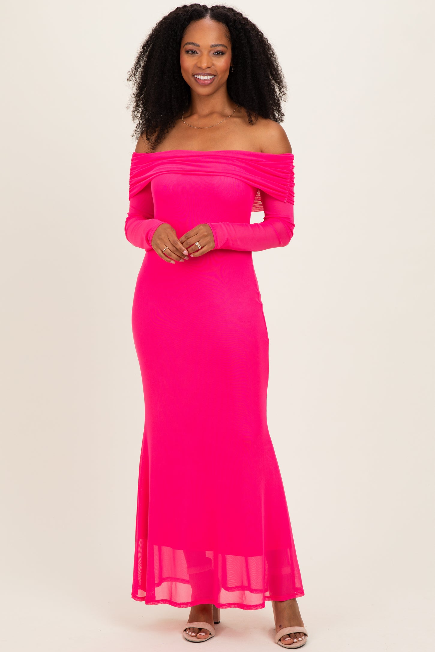 Fuchsia Mesh Overlay Off Shoulder Long Sleeve Maternity Midi Dress