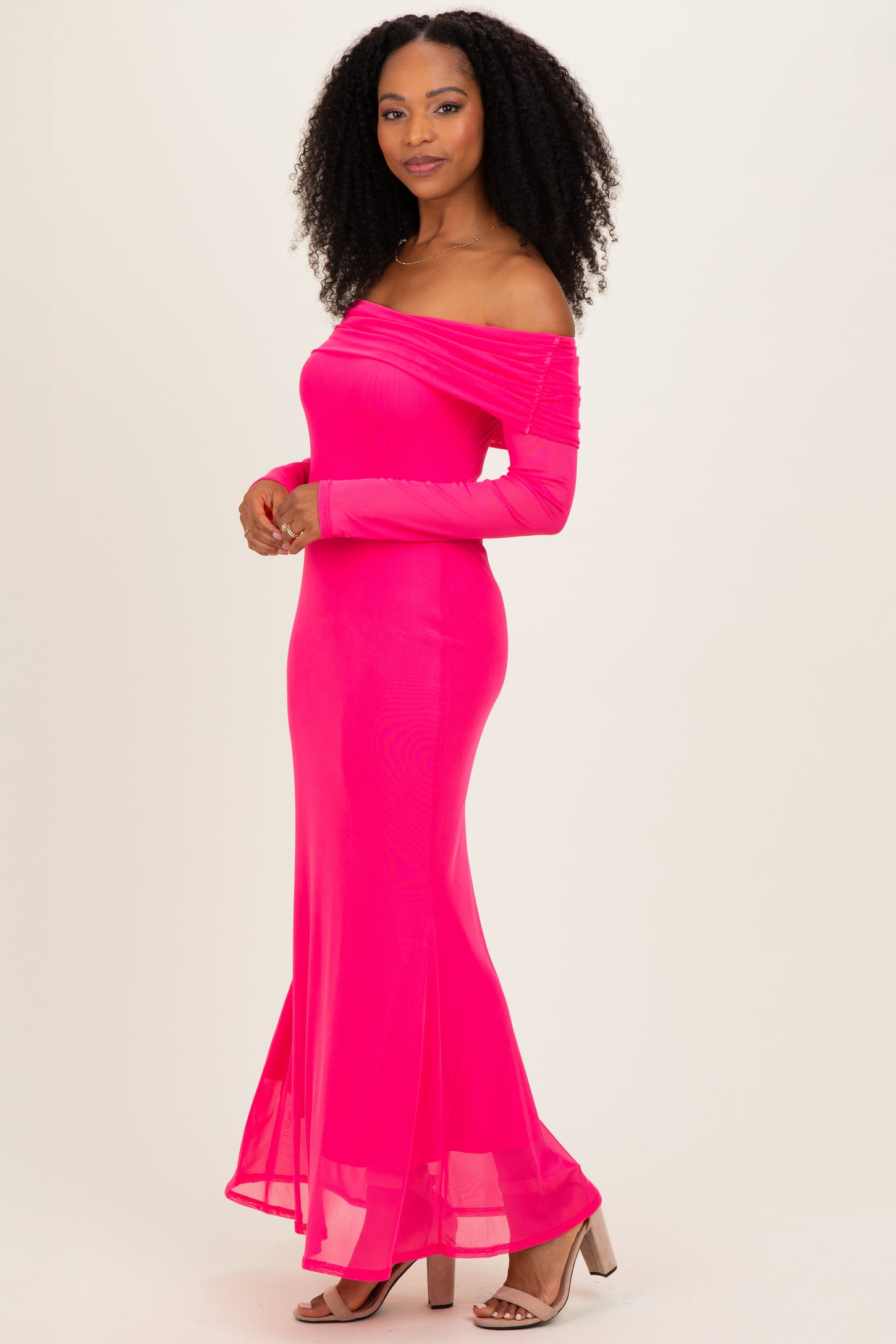midi dress fuchsia Fuchsia Mesh Overlay Off Shoulder Long Sleeve Midi Dress