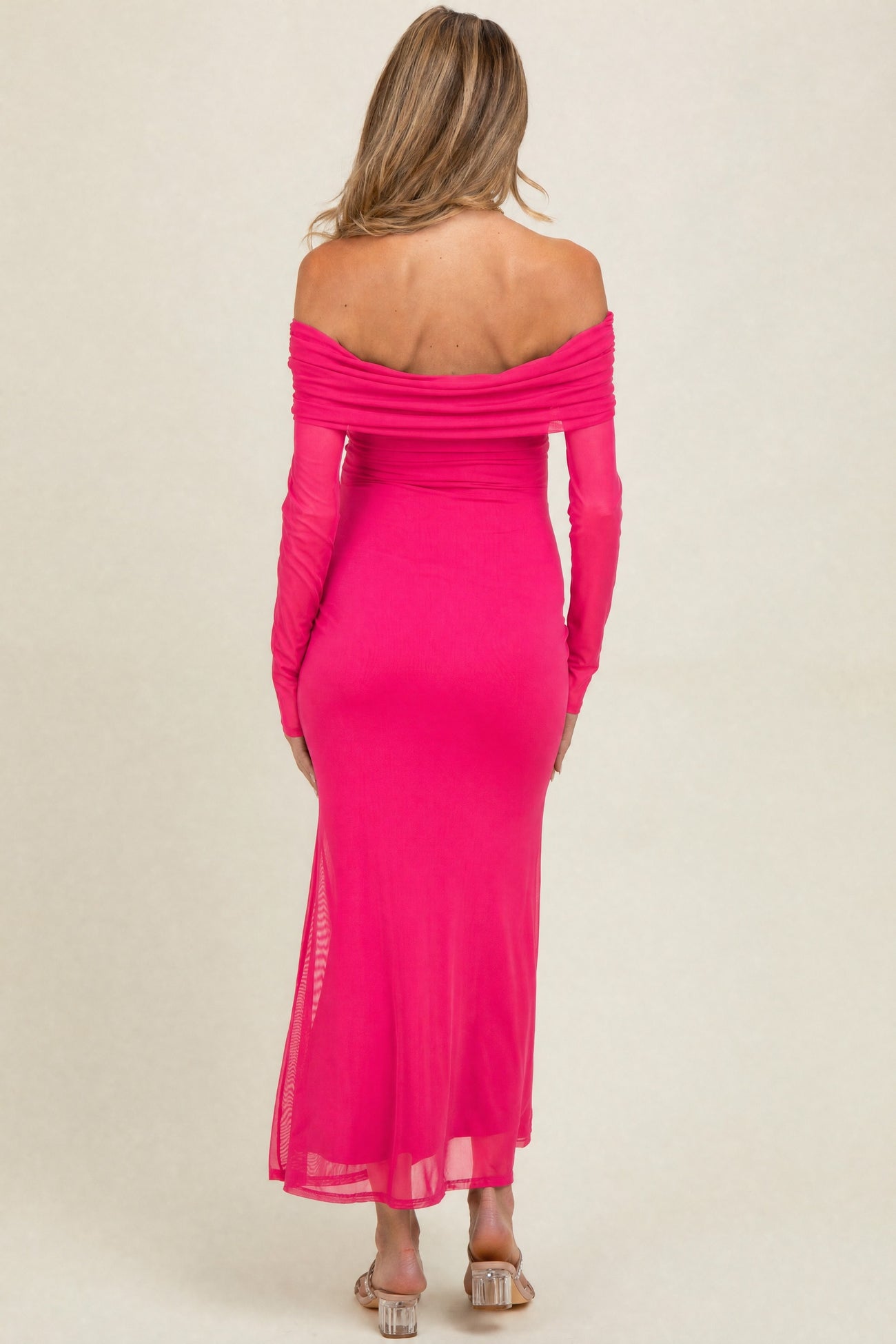 Fuchsia Mesh Overlay Off Shoulder Long Sleeve Maternity Midi Dress