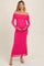 Fuchsia Mesh Overlay Off Shoulder Long Sleeve Maternity Midi Dress