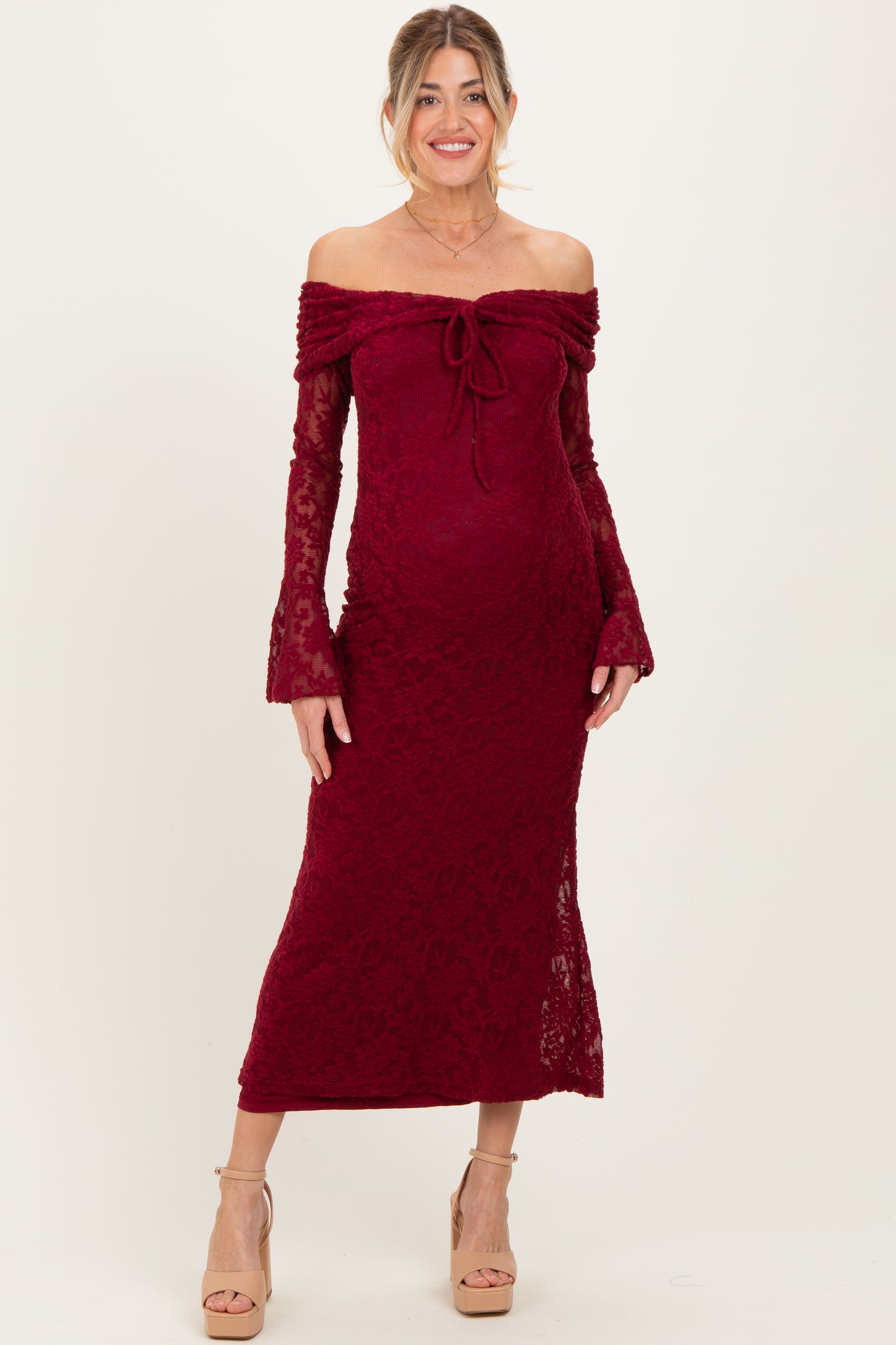 Burgundy Lace Off Shoulder Maternity Maxi Dress