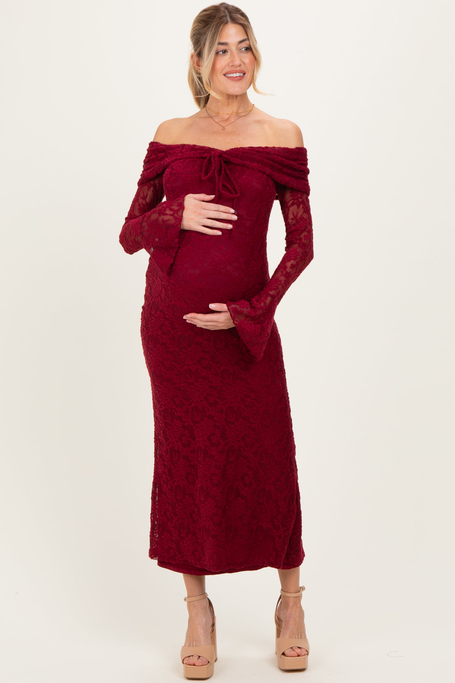 burgundy off the shoulder maternity dress Burgundy Knit Off Shoulder Bow Detail Maternity Midi Dress PinkBlush
