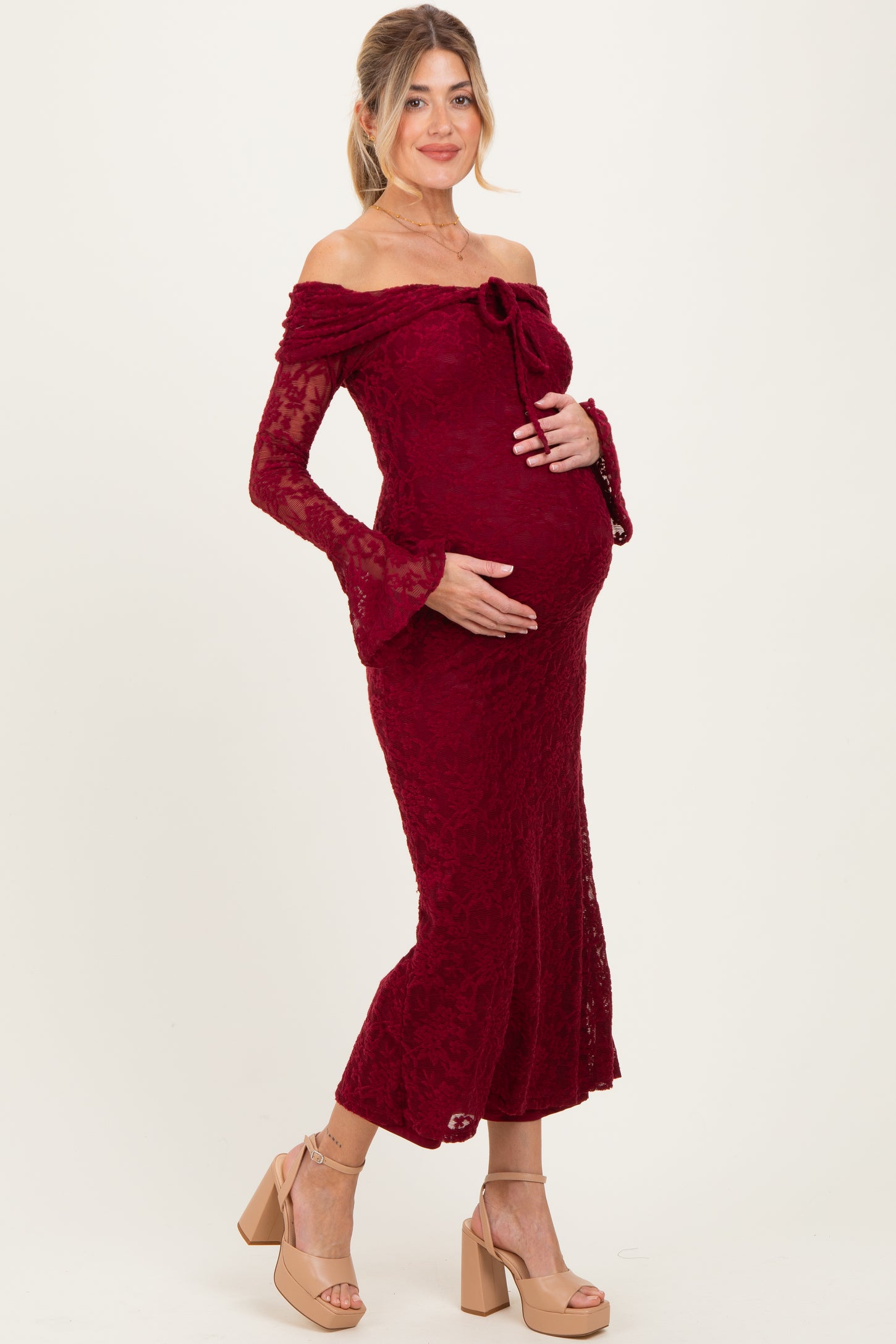 Burgundy Lace Off Shoulder Maternity Maxi Dress