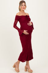 Burgundy Lace Off Shoulder Maternity Maxi Dress