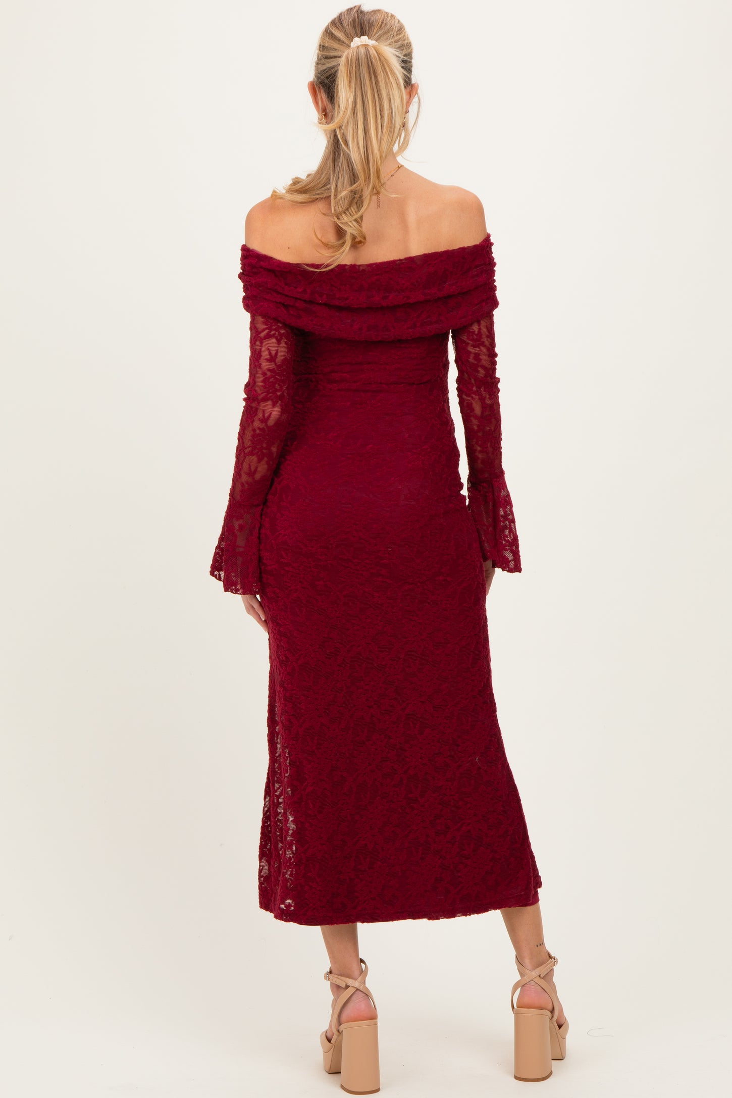 burgundy off the shoulder maternity dress Burgundy Off Shoulder Eyelet Tiered Maternity Maxi Dress PinkBlush