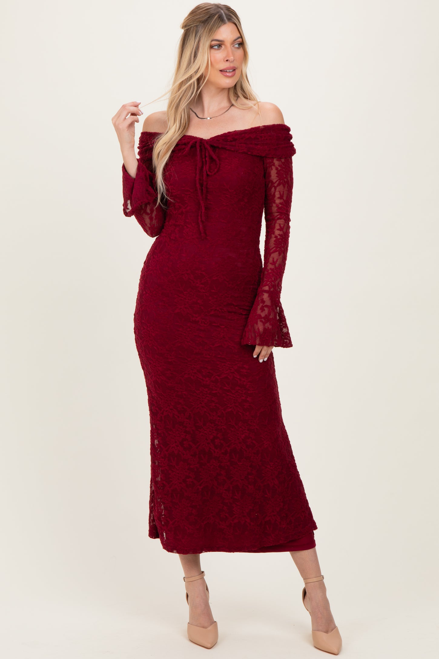 maroon lace off shoulder dress Burgundy Lace Off Shoulder Maxi Dress