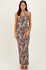 Mocha Printed Halter Maternity Maxi Dress