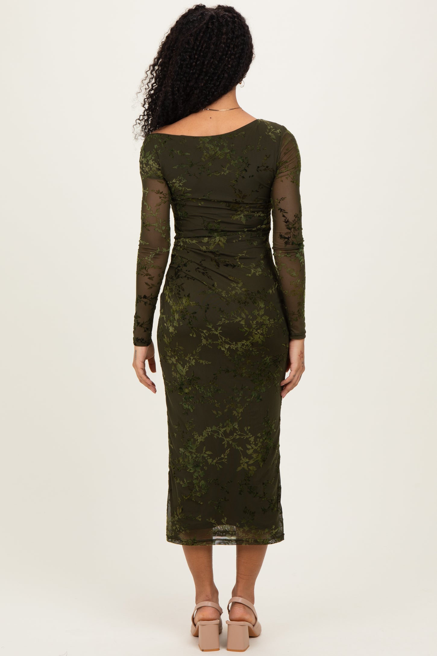 Olive Floral Mesh Overlay One Shoulder Dress