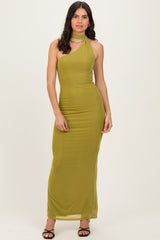 Moss Mesh Overlay Halter Maxi Dress