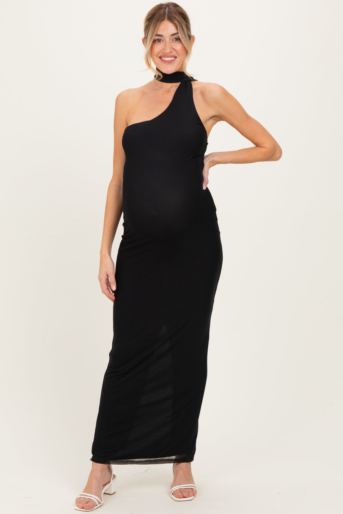 Black Mesh Overlay Halter Maternity Maxi Dress