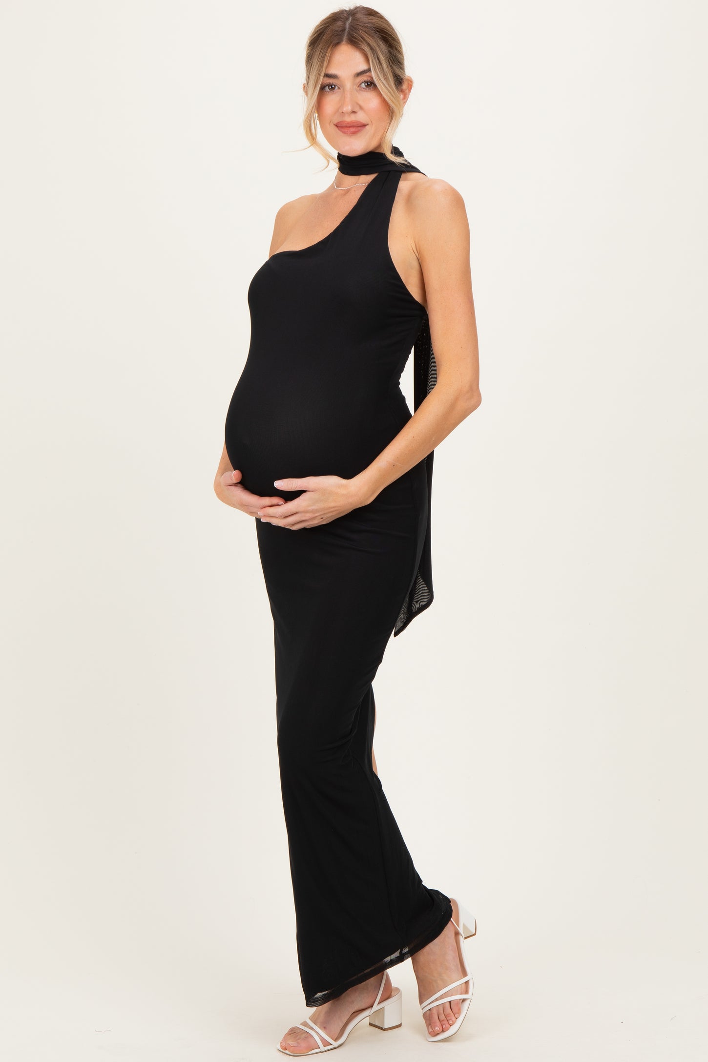 Black Mesh Overlay Halter Maternity Maxi Dress