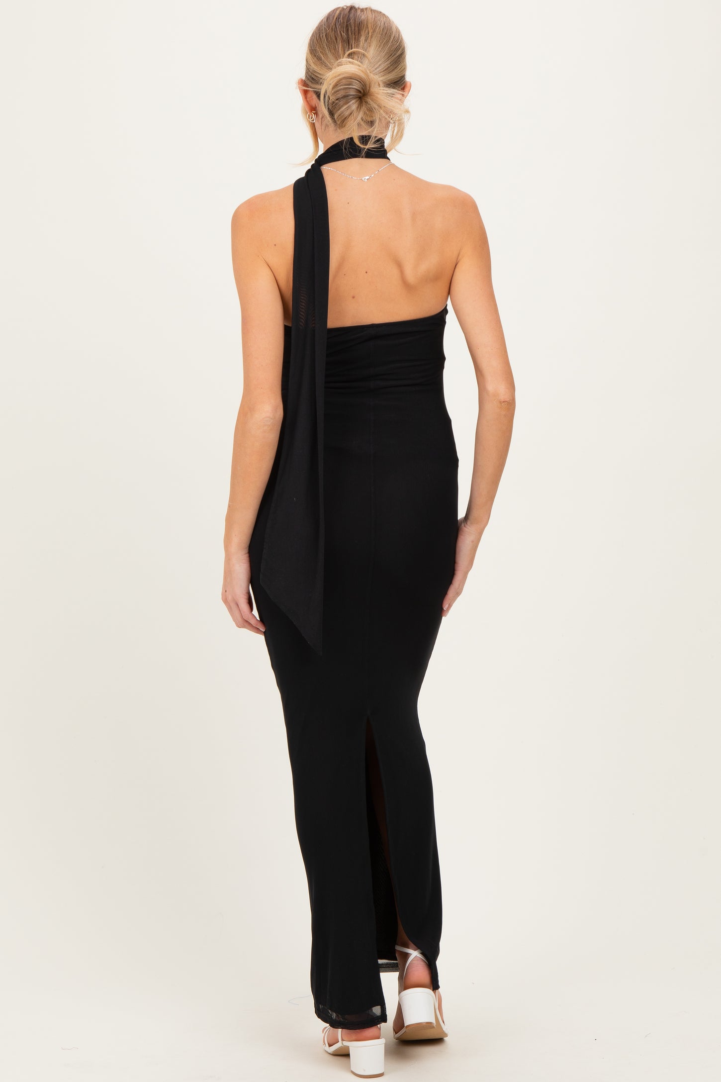 Black Mesh Overlay Halter Maternity Maxi Dress