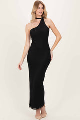 Black Mesh Overlay Halter Maternity Maxi Dress