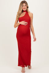 Brick Mesh Overlay Halter Maternity Maxi Dress