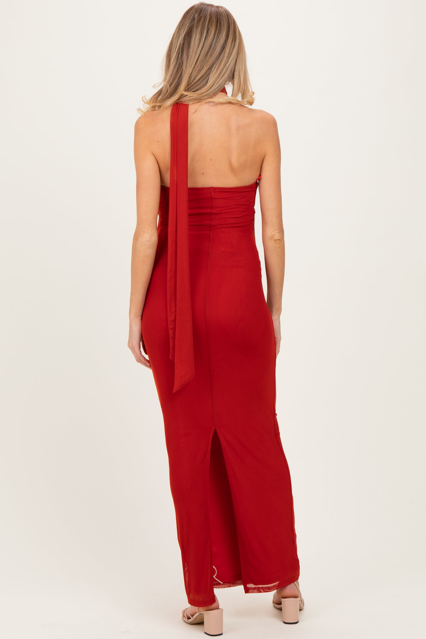 Brick Mesh Overlay Halter Maternity Maxi Dress