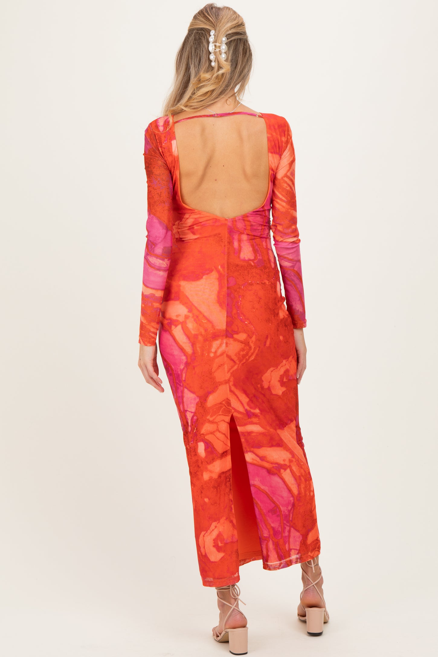 Coral Printed Mesh Open Back Maternity Maxi Dress