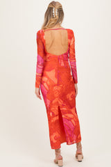 Coral Printed Mesh Open Back Maternity Maxi Dress