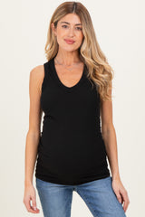 Black Ribbed Sleeveless Ruched Maternity Tank Top