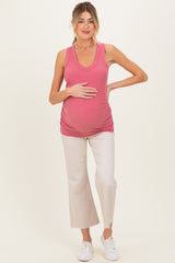 Light Pink Ribbed Sleeveless Ruched Maternity Tank Top