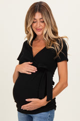 Black Wrap Front Tie Maternity/Nursing Top