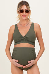 Olive Ribbed Twist Front Cutout Two Piece Maternity Swimsuit