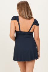 Navy Ribbed Ruffle Twist Front Maternity Swim Dress