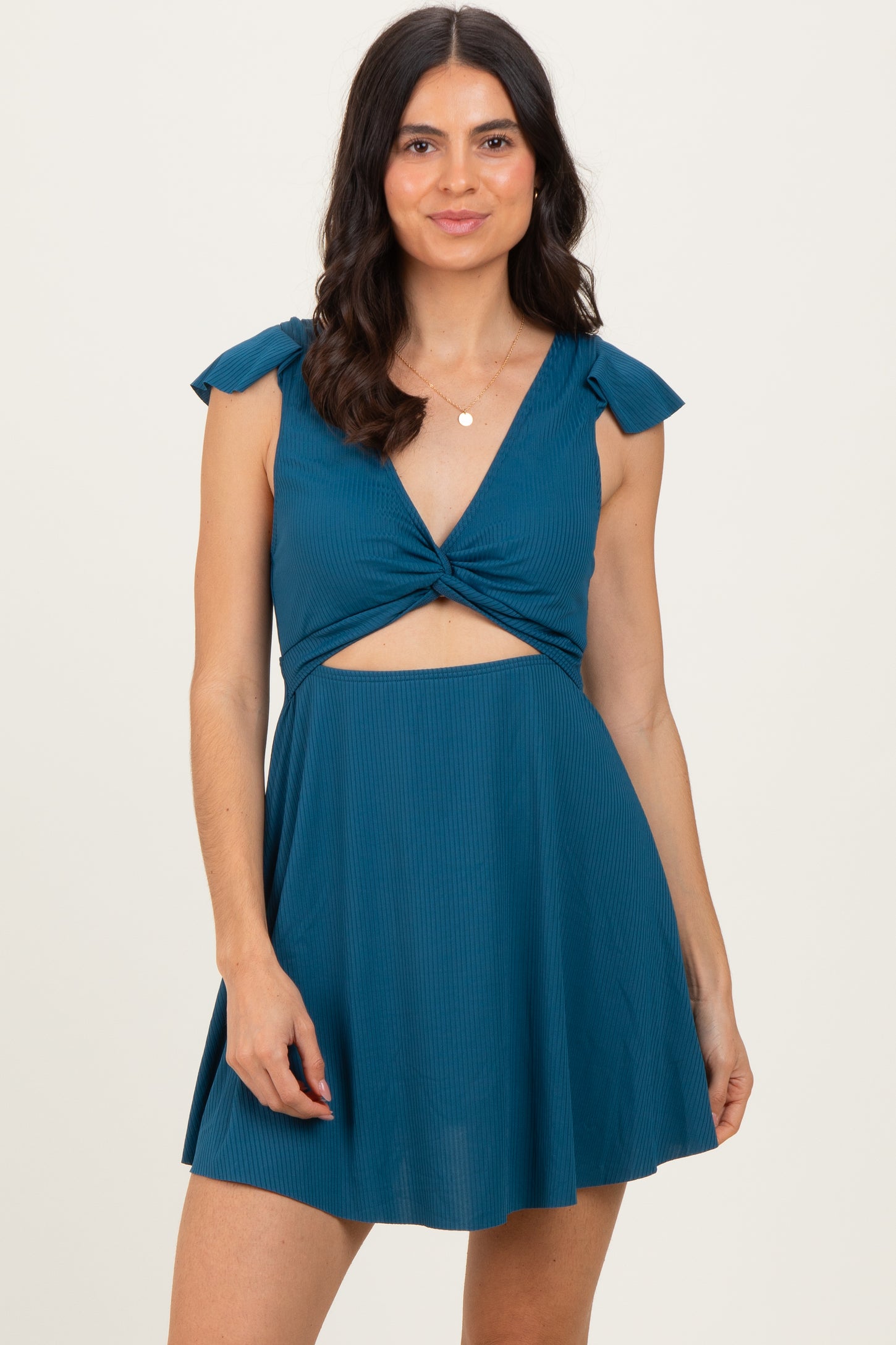 Deep Teal Ribbed Ruffle Twist Front Maternity Swim Dress