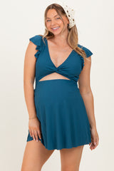 Deep Teal Ribbed Ruffle Twist Front Maternity Swim Dress