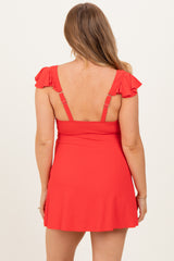 Red Ribbed Ruffle Twist Front Maternity Swim Dress