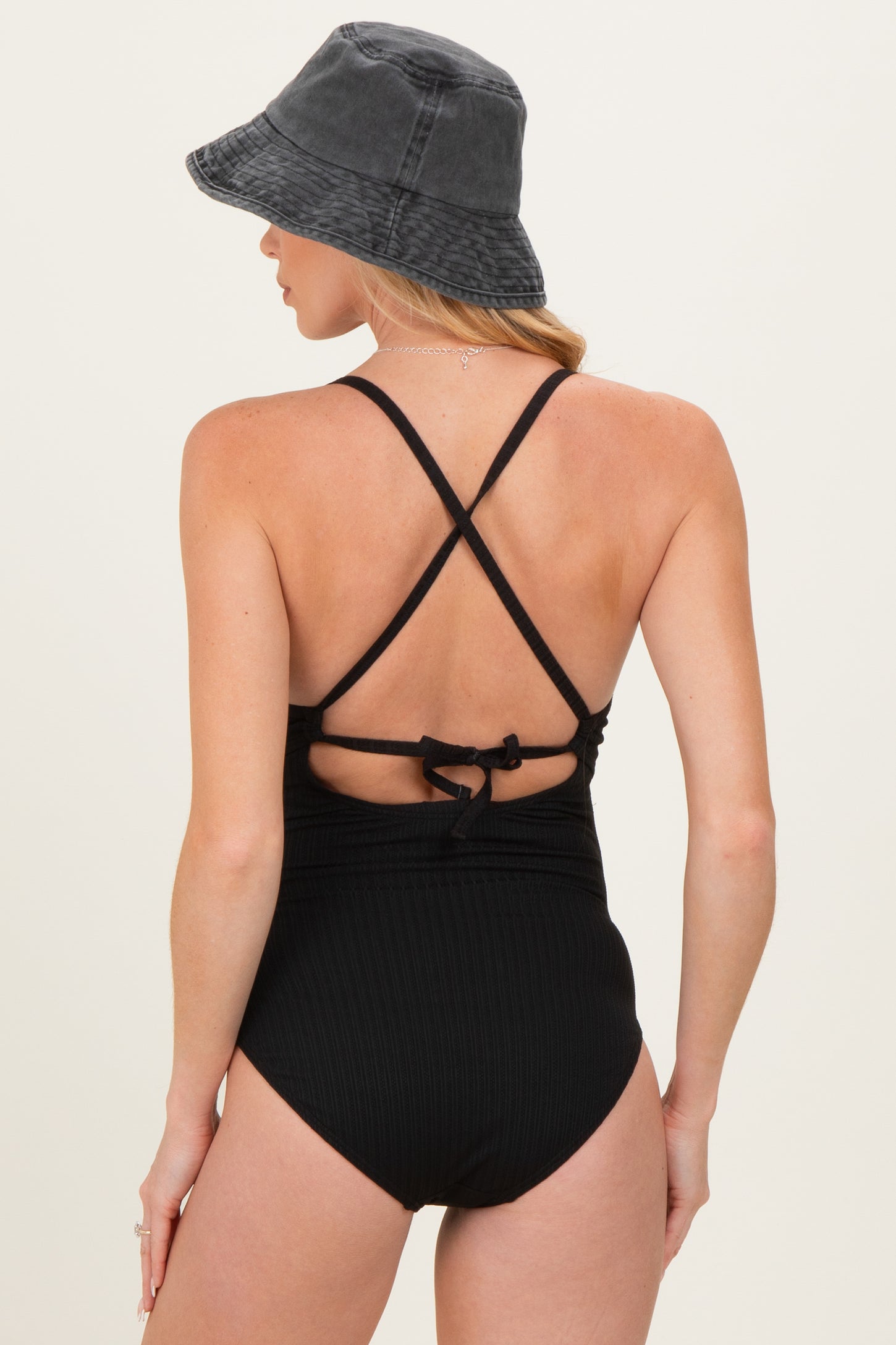 Black Ruched Crisscross Back Cut Out Maternity Swimsuit