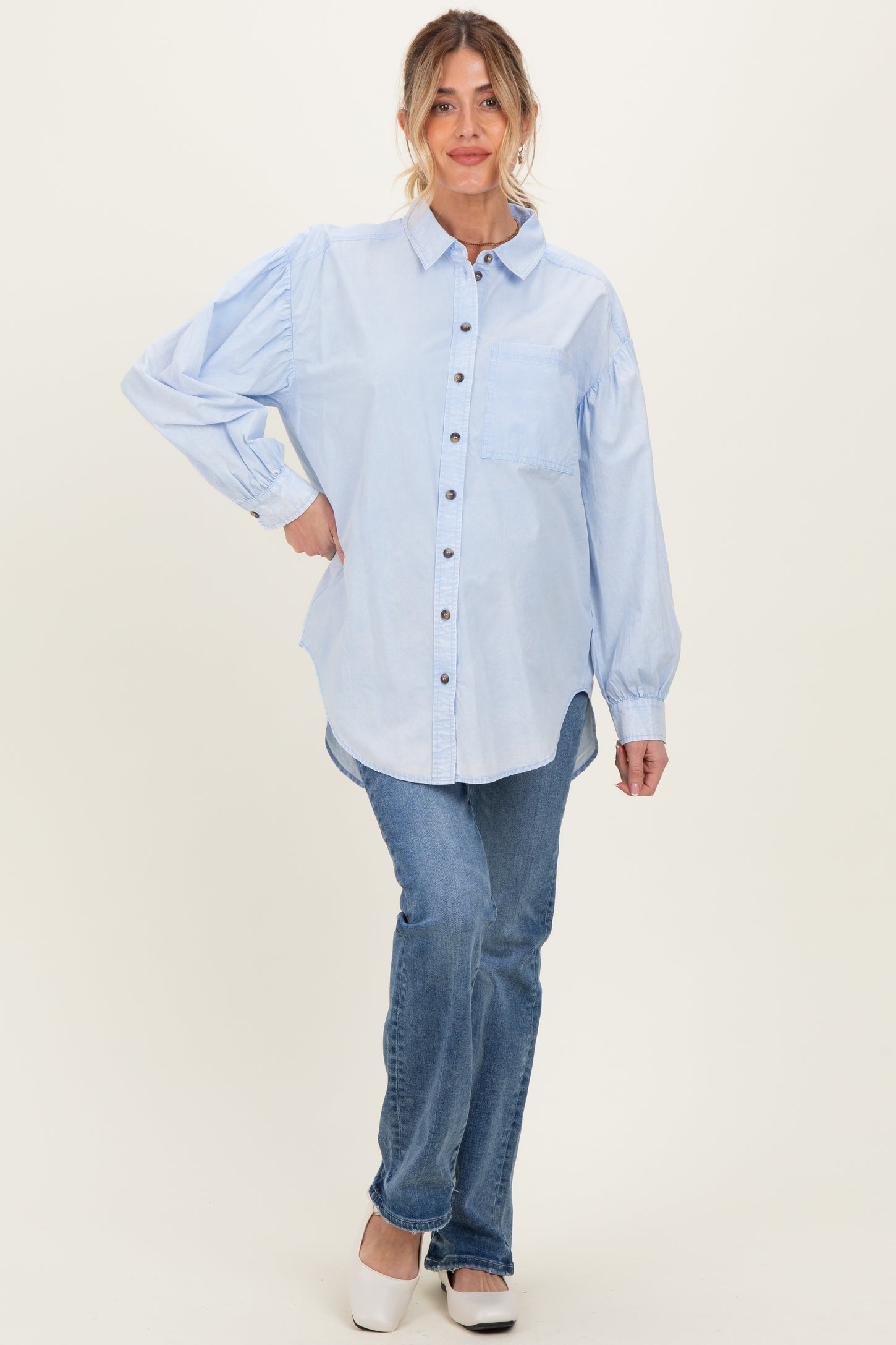 Light Blue Button Down Lightweight Casual Maternity Shirt