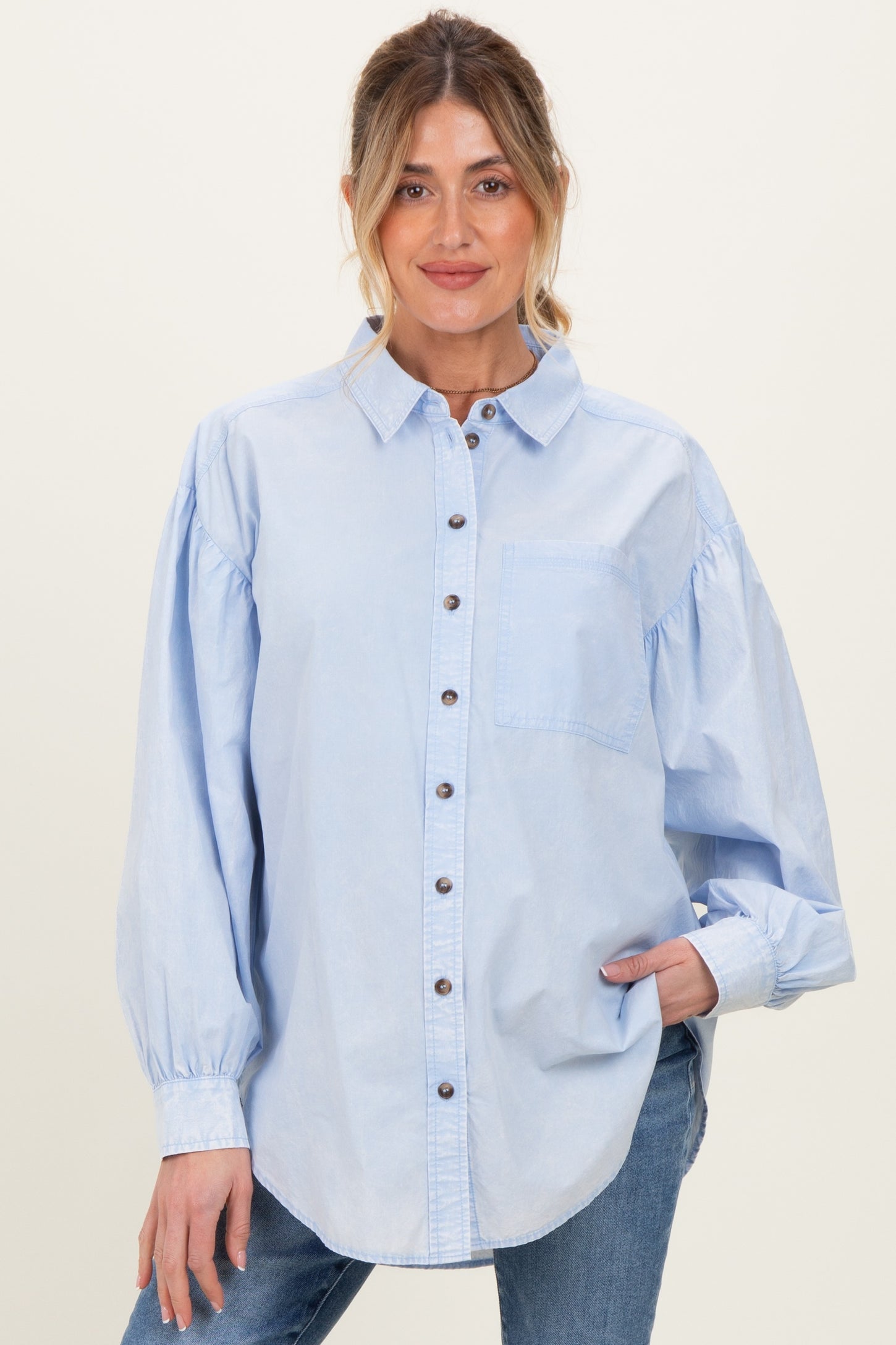 Light Blue Button Down Lightweight Casual Maternity Shirt